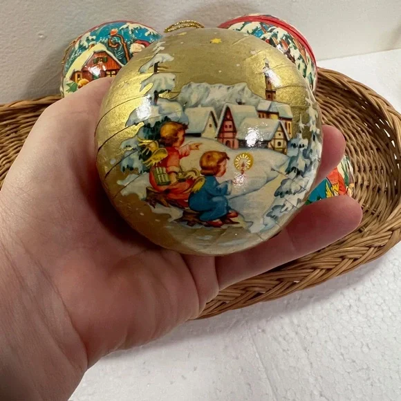 Vintage West German Paper Maché Candy Container Ball Ornaments Lot Of 5